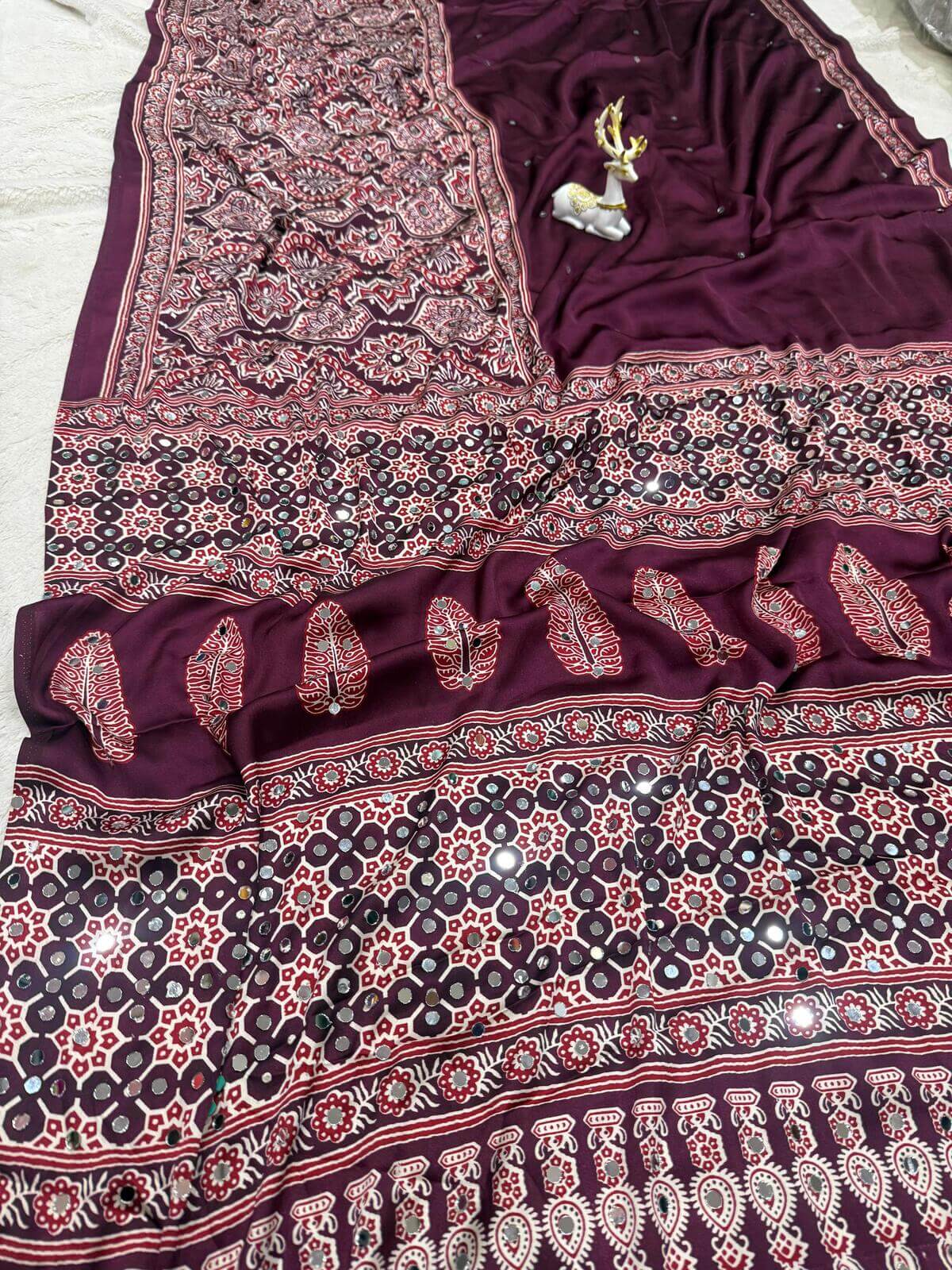 Ailurophile Purple Ajrakh Printed Mirror Work Satin Silk Saree With Lagniappe Blouse Piece