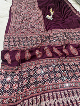 Ailurophile Purple Ajrakh Printed Mirror Work Satin Silk Saree With Lagniappe Blouse Piece