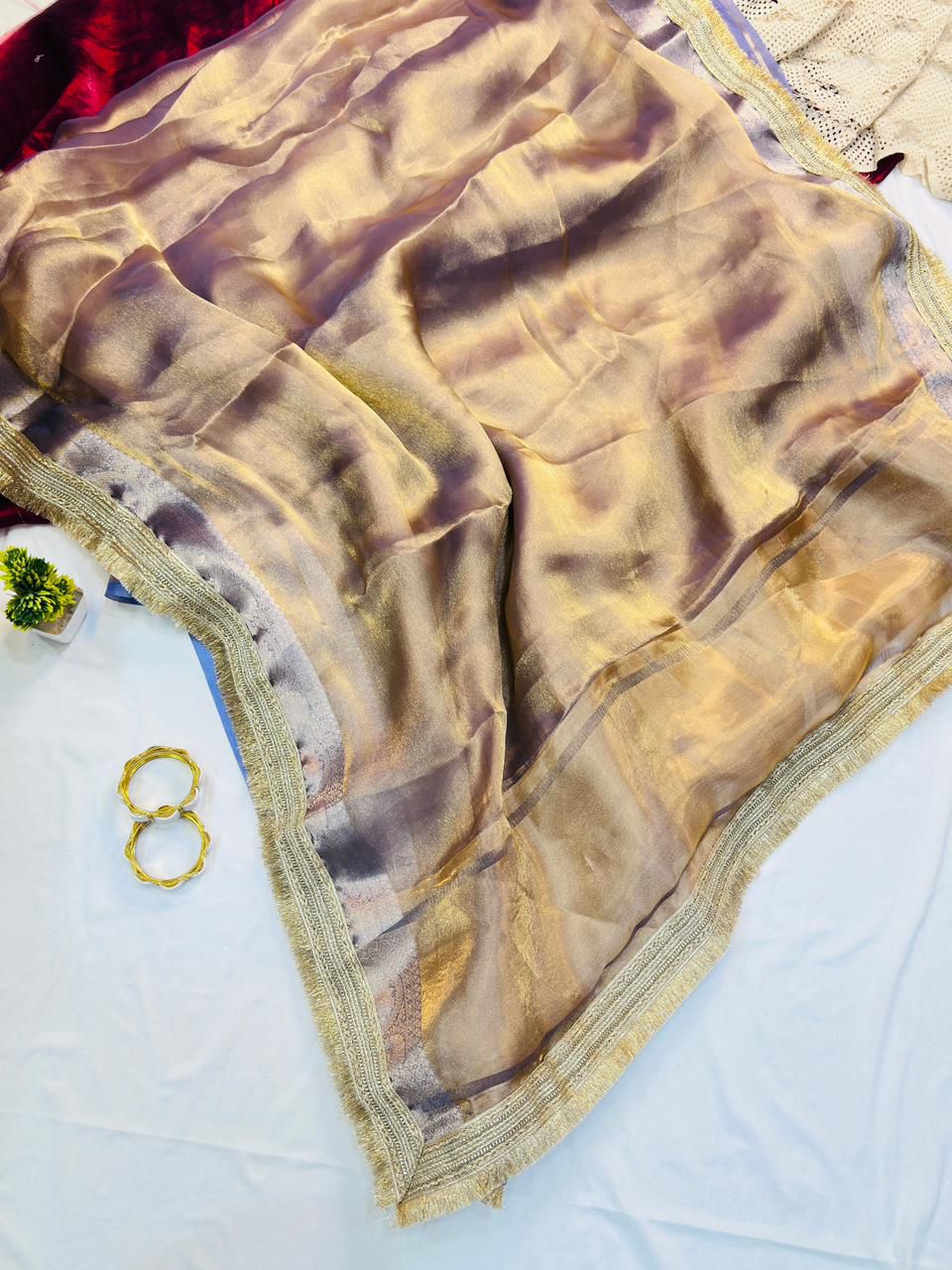 Charming Lavender Tissue Silk Saree With Trendy Blouse Piece
