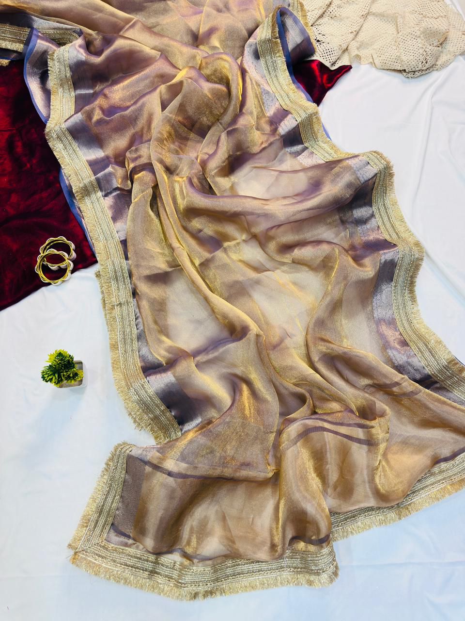 Charming Lavender Tissue Silk Saree With Trendy Blouse Piece