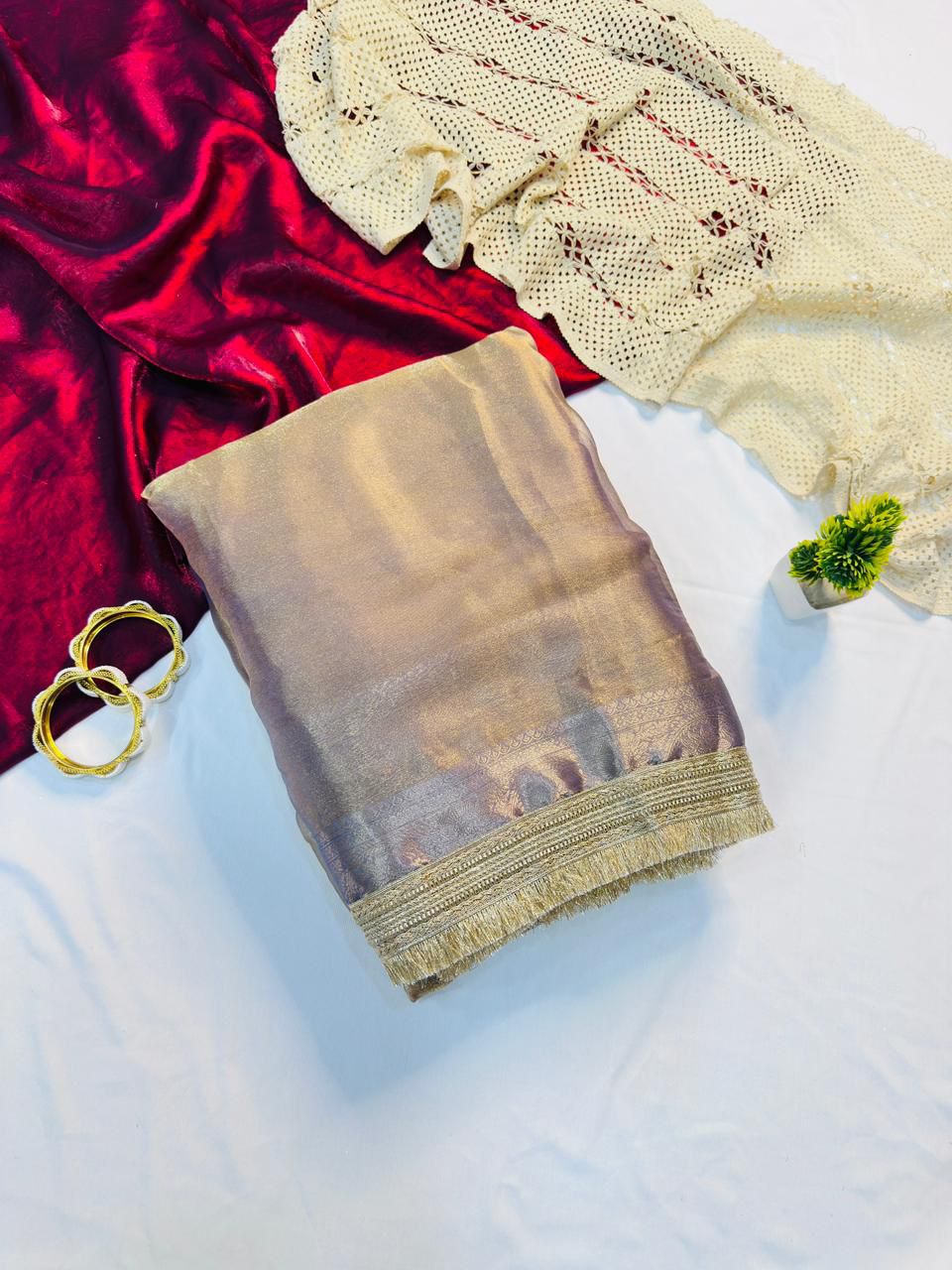 Charming Lavender Tissue Silk Saree With Trendy Blouse Piece