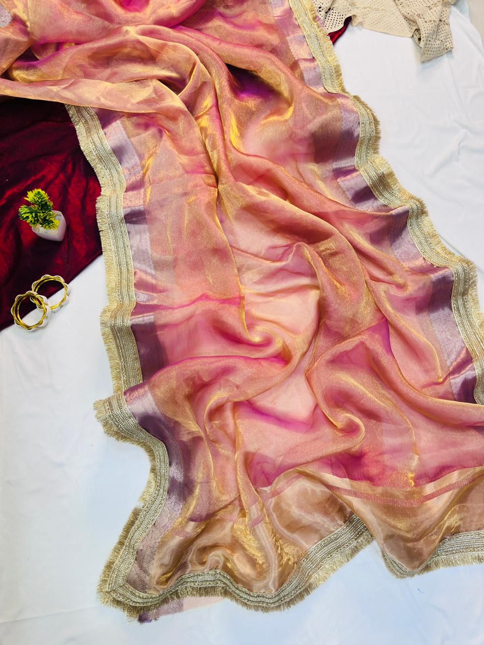 Glorious Pink Tissue Silk Saree With Gleaming Blouse Piece