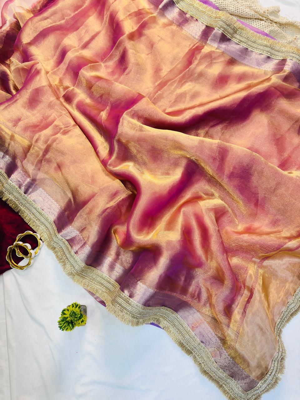 Glorious Pink Tissue Silk Saree With Gleaming Blouse Piece