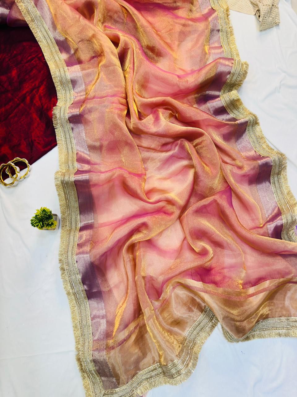 Glorious Pink Tissue Silk Saree With Gleaming Blouse Piece