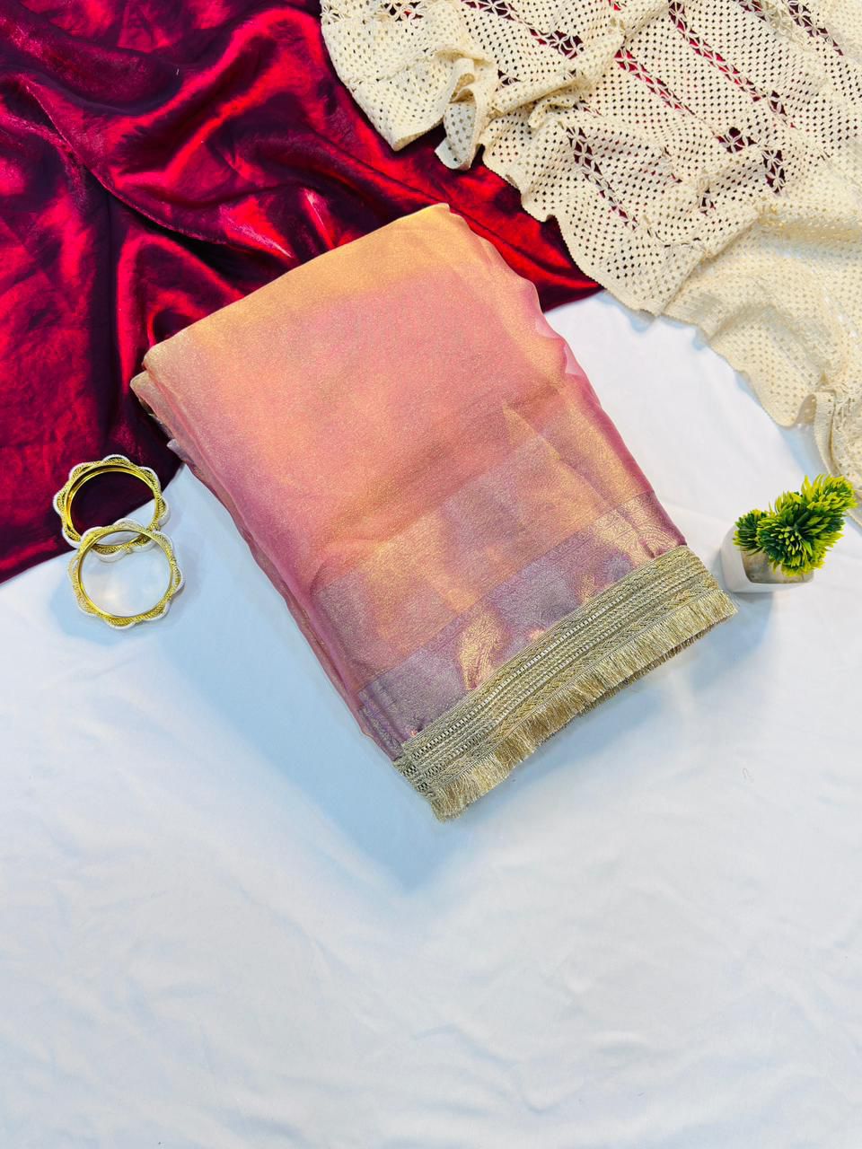 Glorious Pink Tissue Silk Saree With Gleaming Blouse Piece
