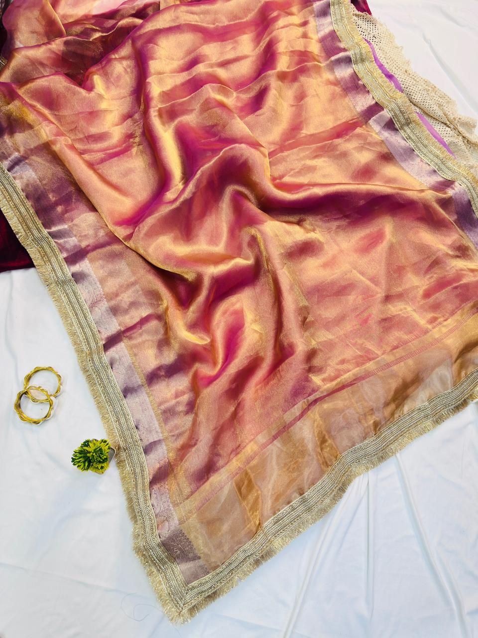 Glorious Pink Tissue Silk Saree With Gleaming Blouse Piece
