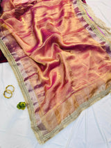 Glorious Pink Tissue Silk Saree With Gleaming Blouse Piece