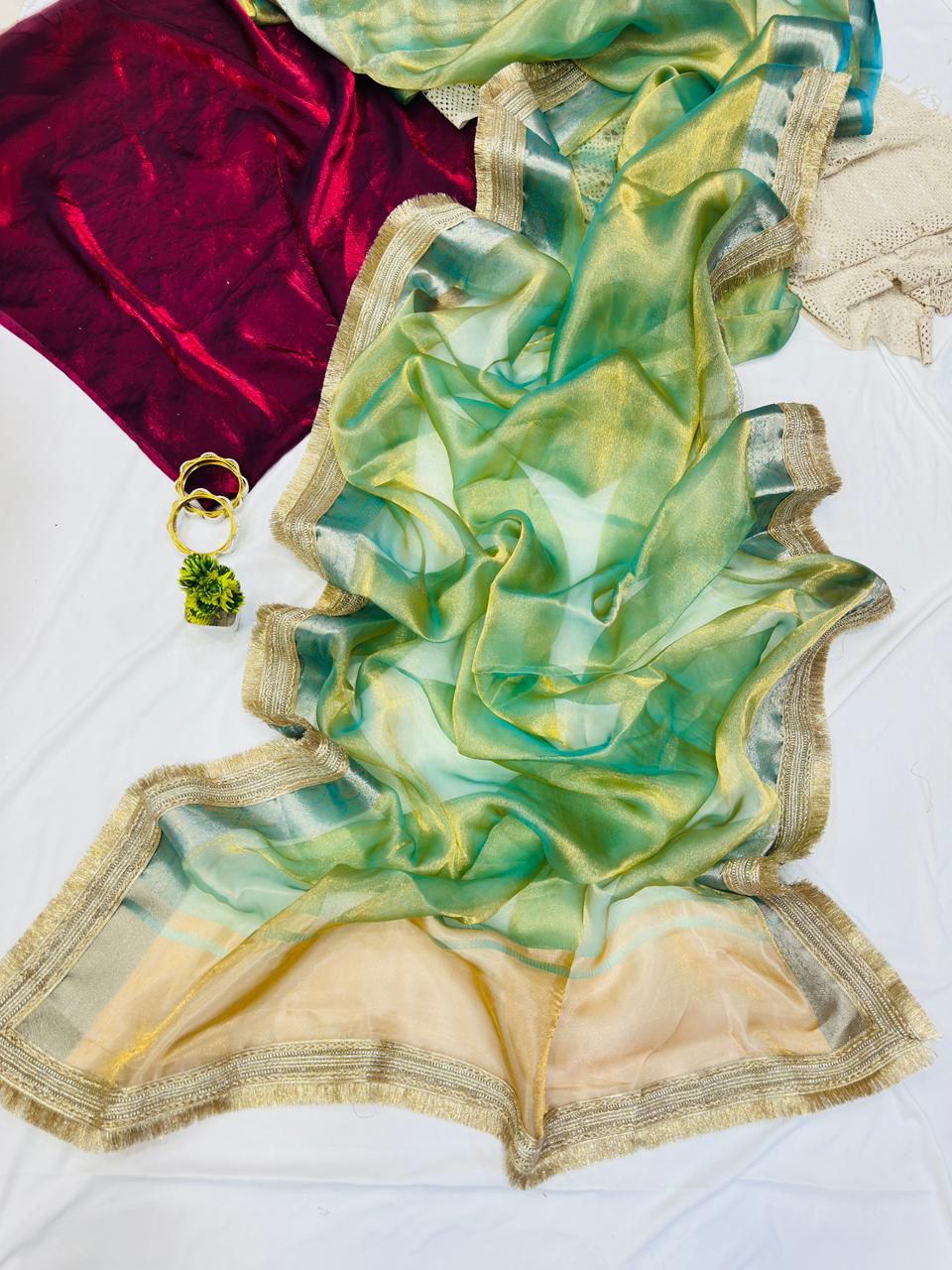 Sizzling Pista Tissue Silk Saree With Vestigial Blouse Piece