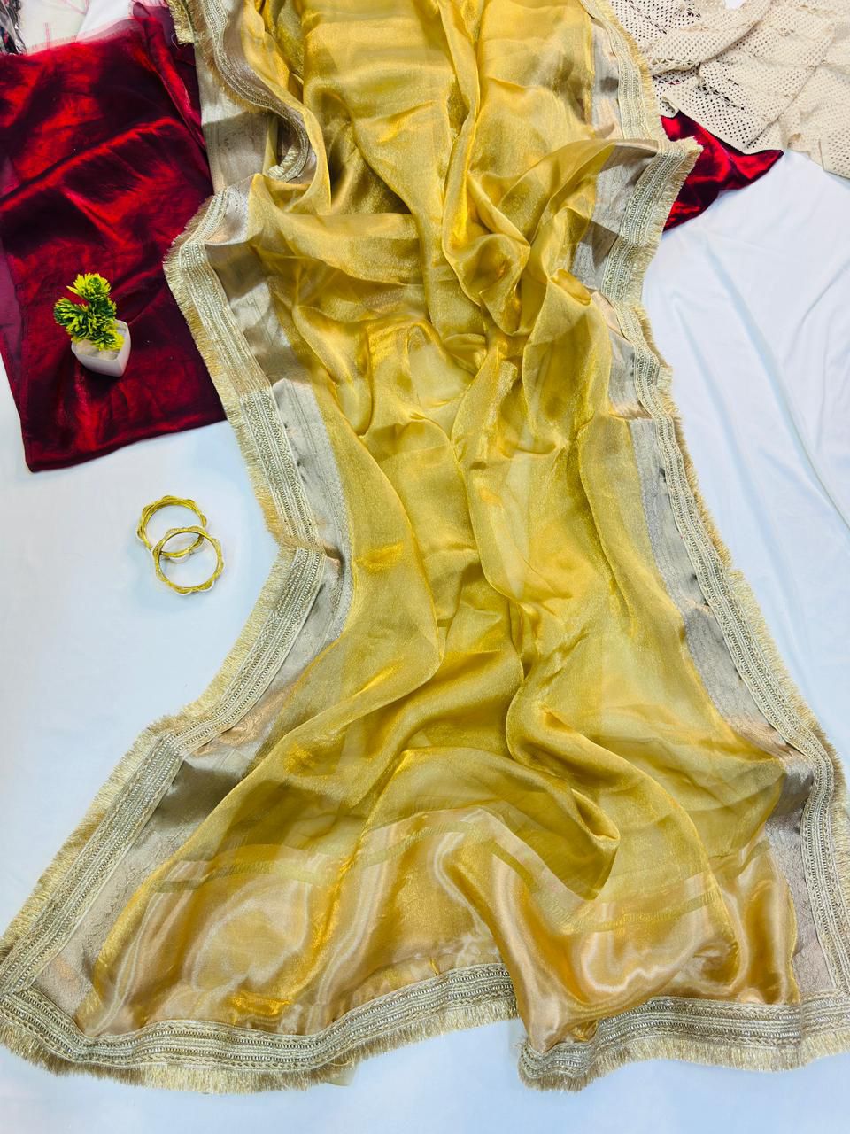 Amazing Yellow Tissue Silk Saree With Excellent Blouse Piece