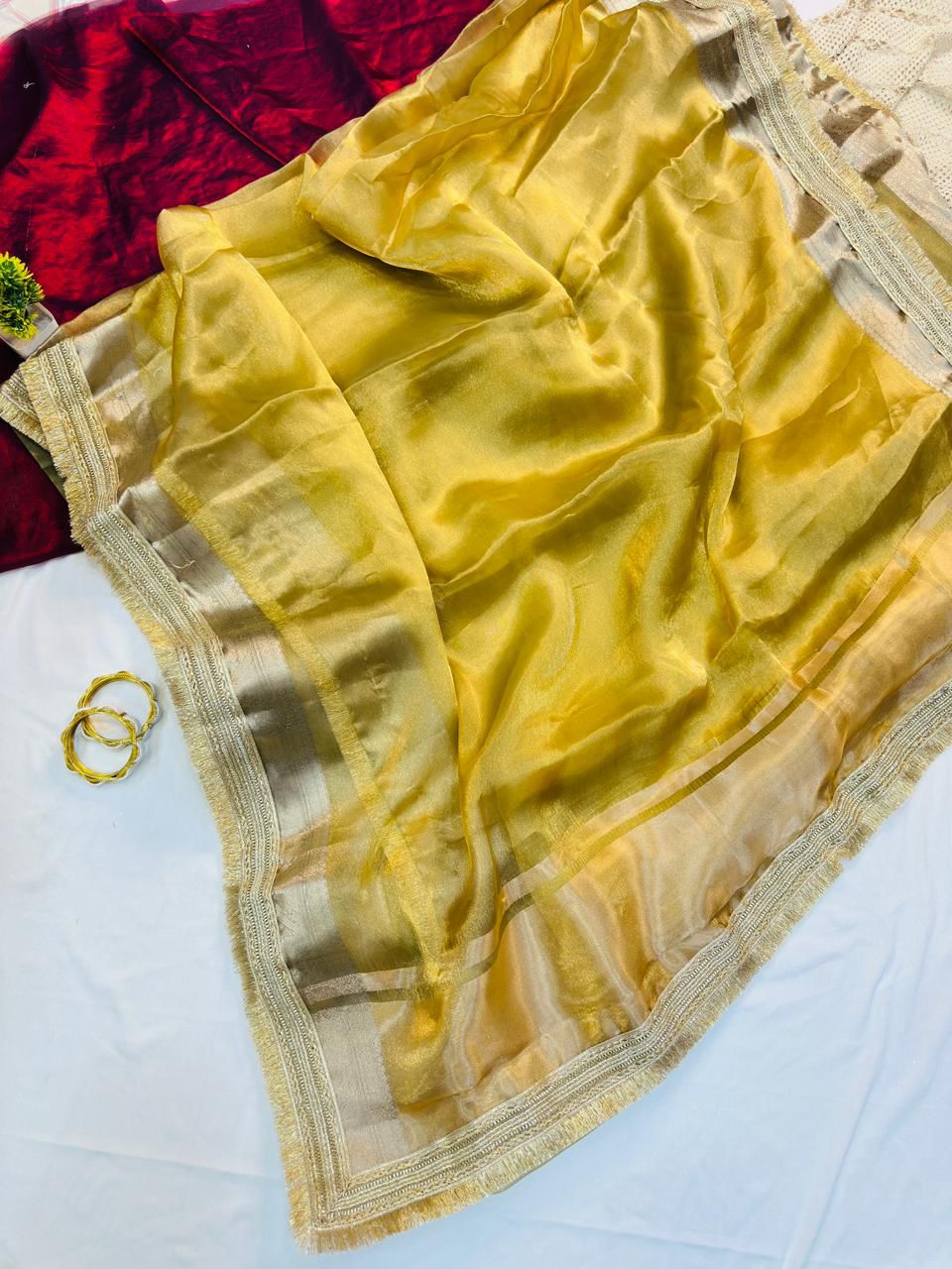 Amazing Yellow Tissue Silk Saree With Excellent Blouse Piece