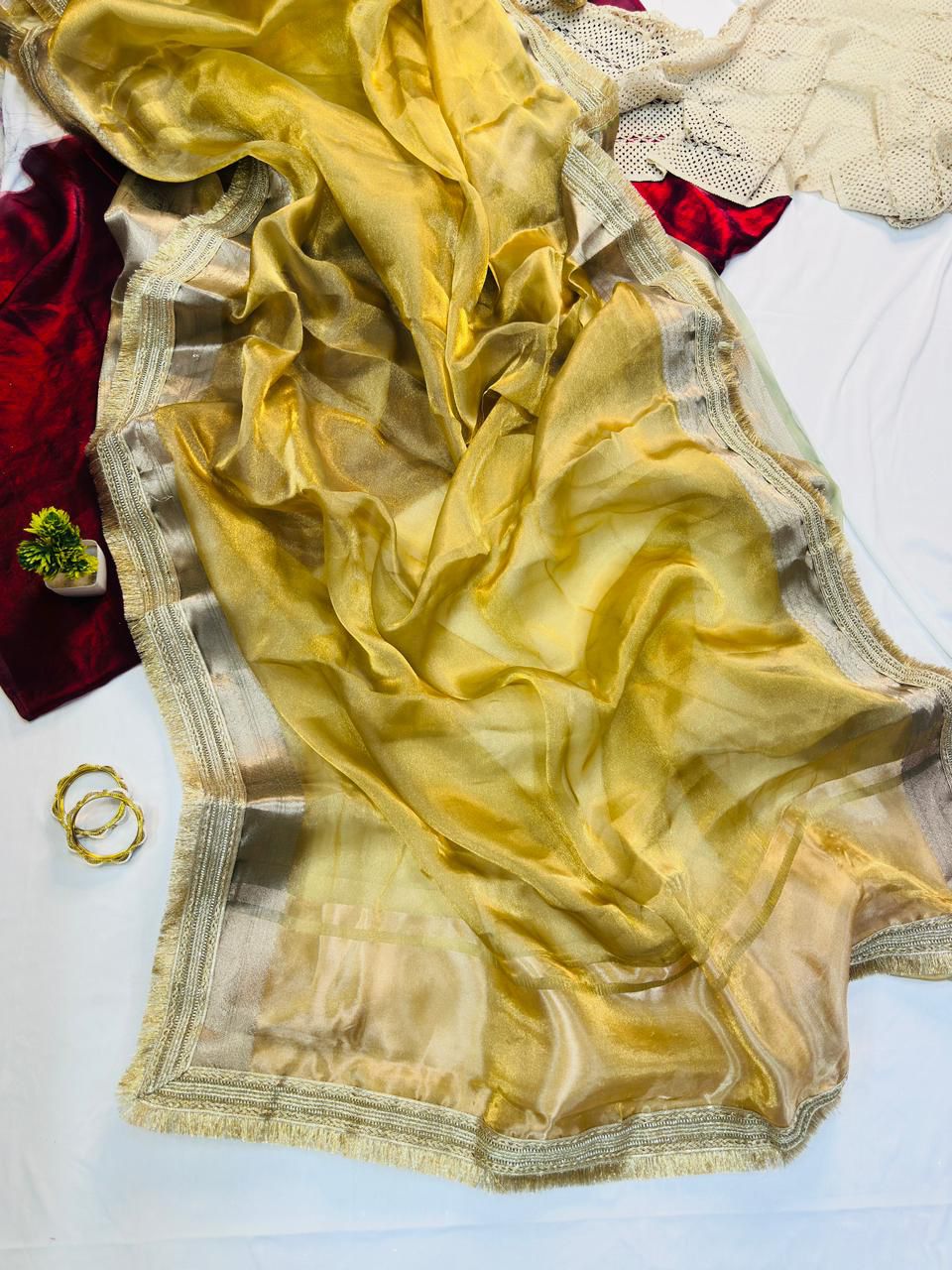 Amazing Yellow Tissue Silk Saree With Excellent Blouse Piece
