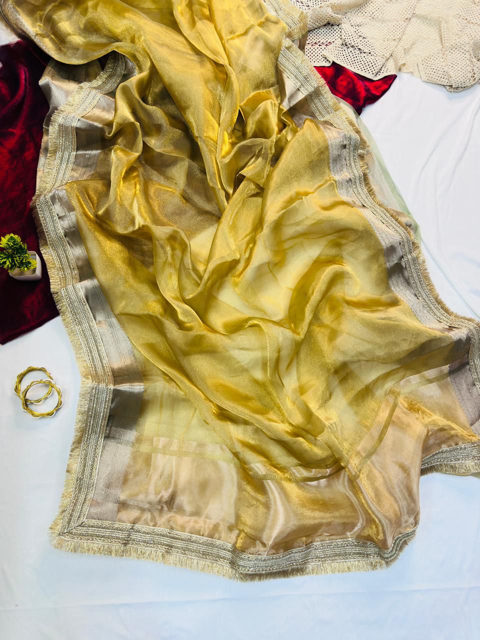 Amazing Yellow Tissue Silk Saree With Excellent Blouse Piece