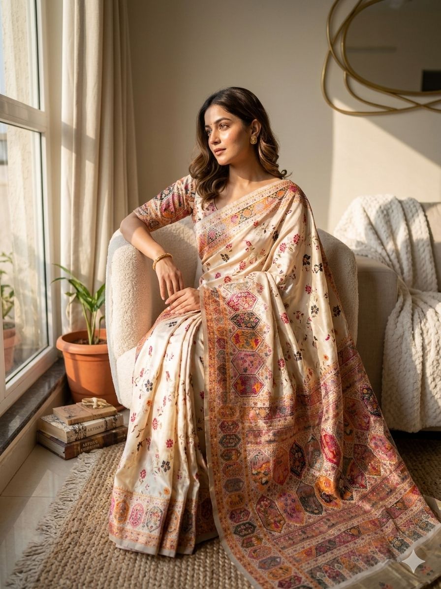 Enamoring Beige Pashmina Silk Saree With Epiphany Blouse Piece