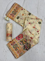 Enamoring Beige Pashmina Silk Saree With Epiphany Blouse Piece