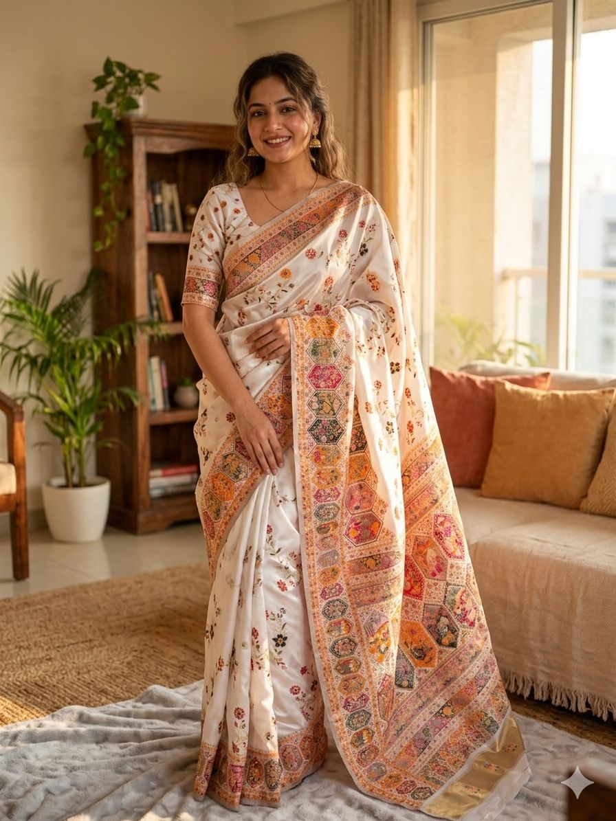 Diaphanous Off White Pashmina Silk Saree With Desuetude Blouse Piece