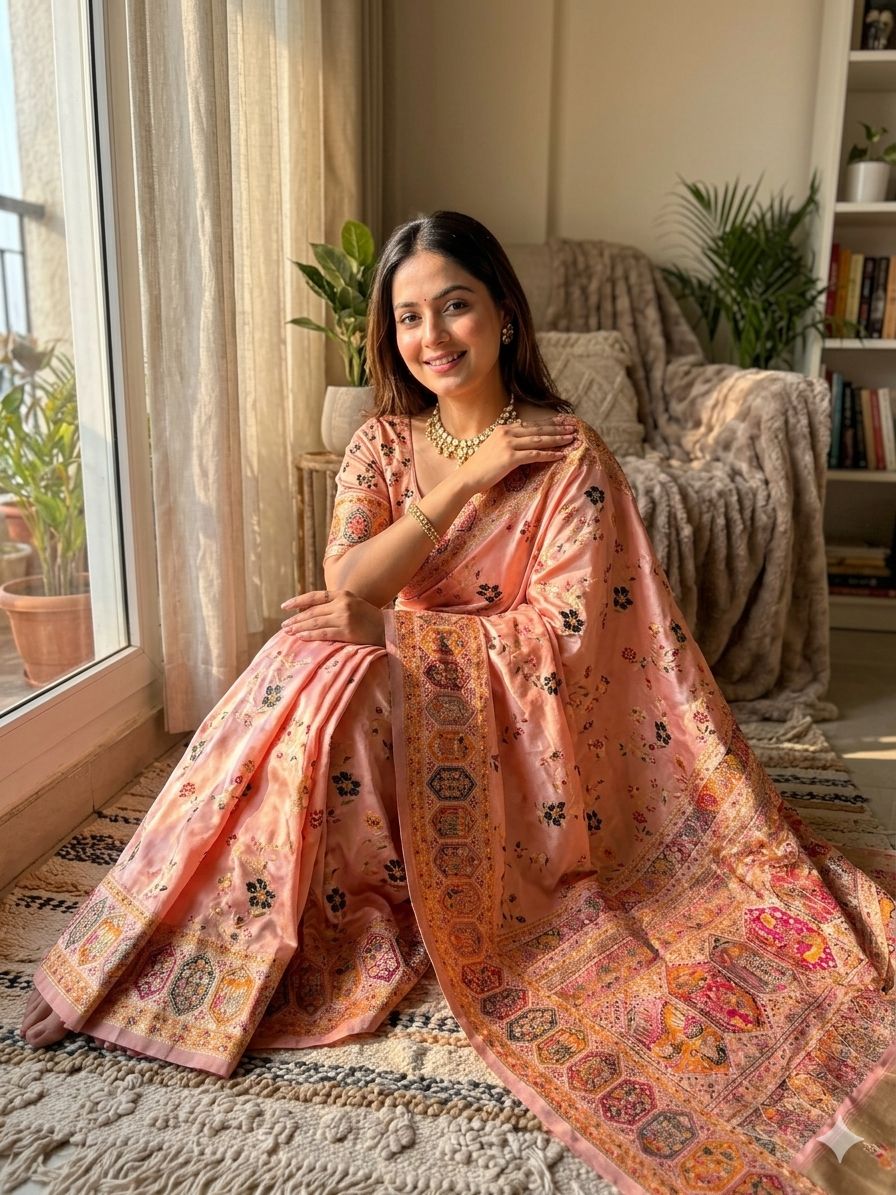 Capricious Peach Pashmina Silk Saree With Nebula Blouse Piece