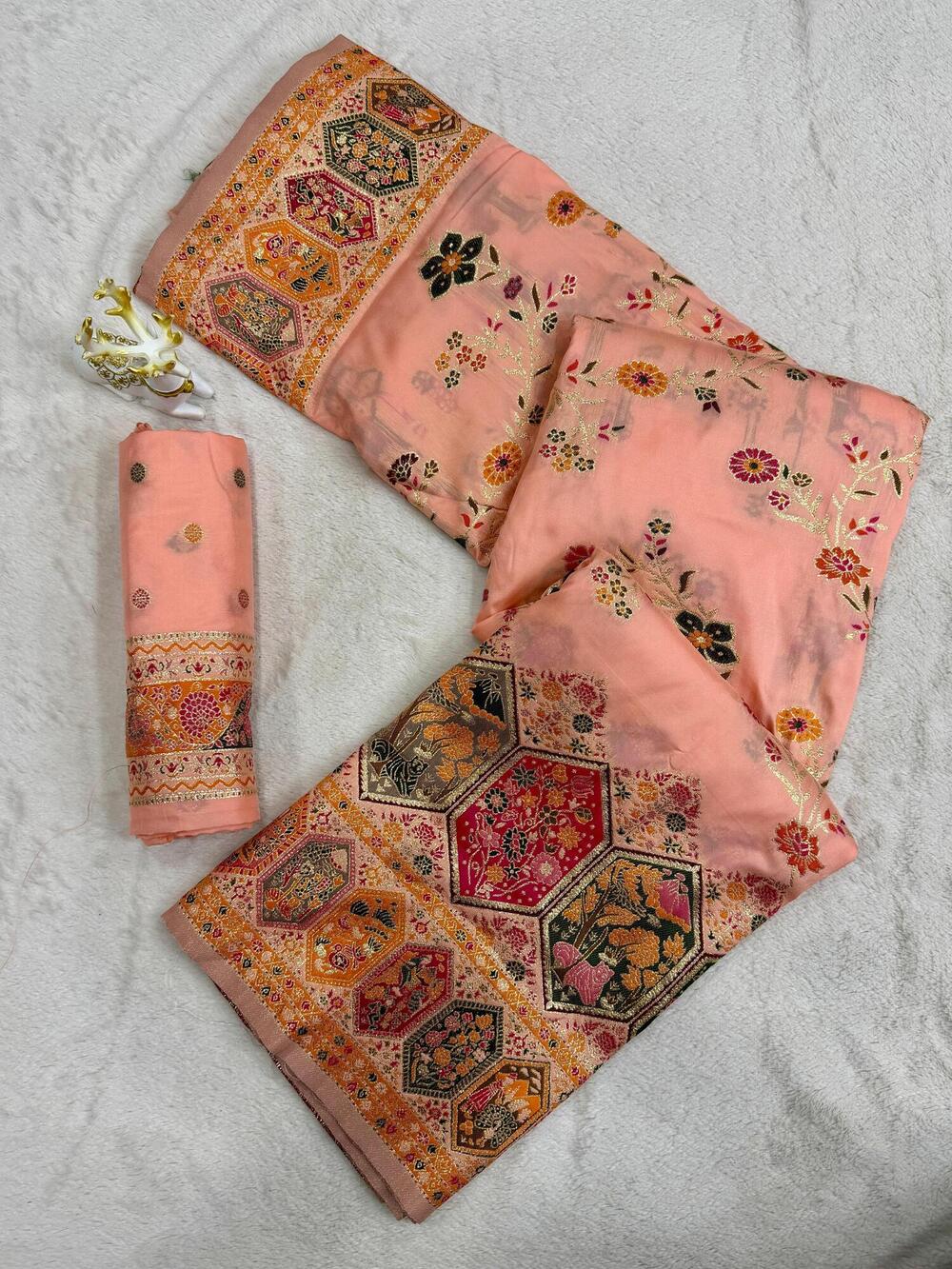 Capricious Peach Pashmina Silk Saree With Nebula Blouse Piece