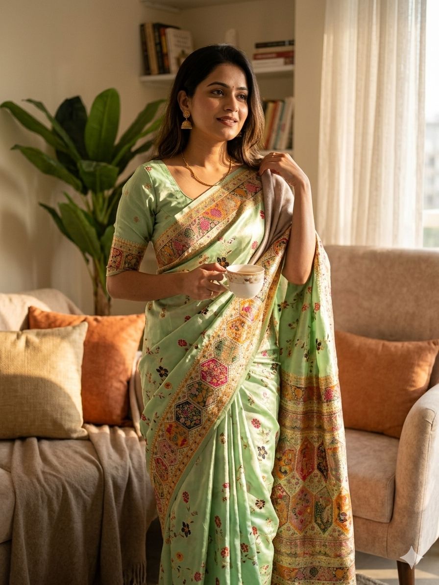 Wonderful Pista Pashmina Silk Saree With Jubilant Blouse Piece