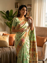Wonderful Pista Pashmina Silk Saree With Jubilant Blouse Piece