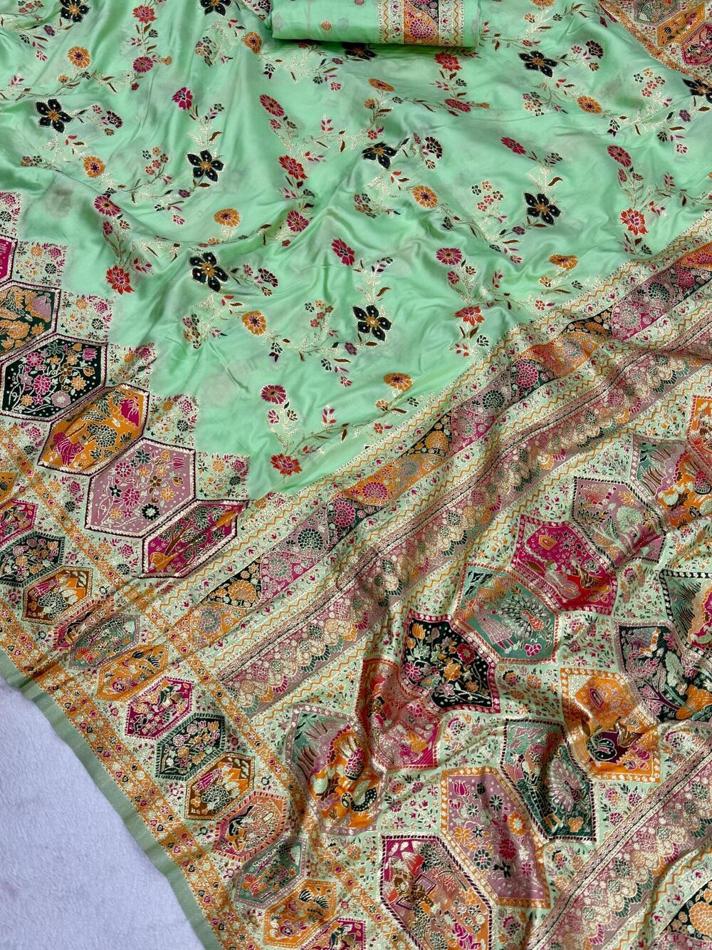 Wonderful Pista Pashmina Silk Saree With Jubilant Blouse Piece