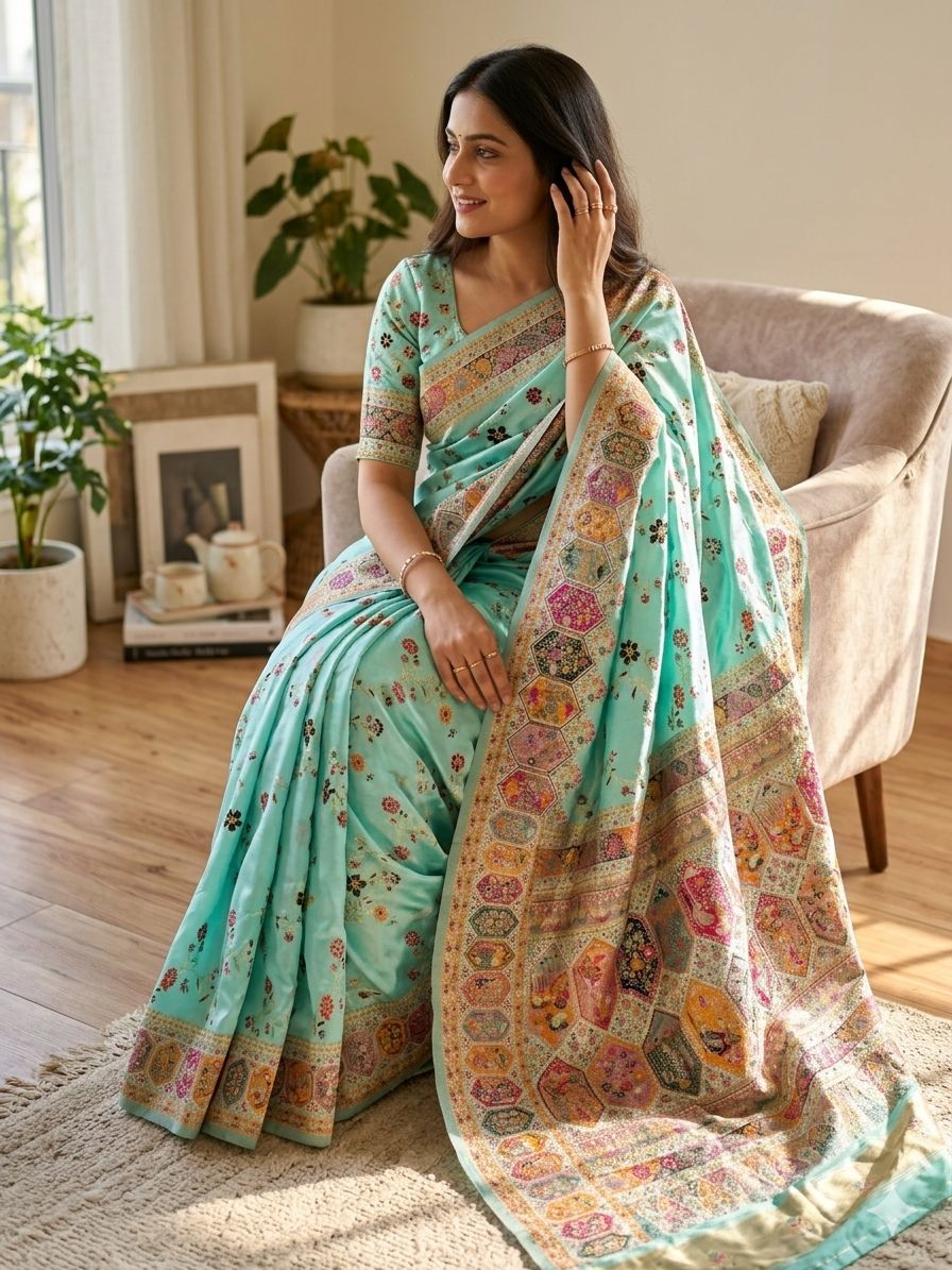 Fairytale Sky Pashmina Silk Saree With Quixotic Blouse Piece