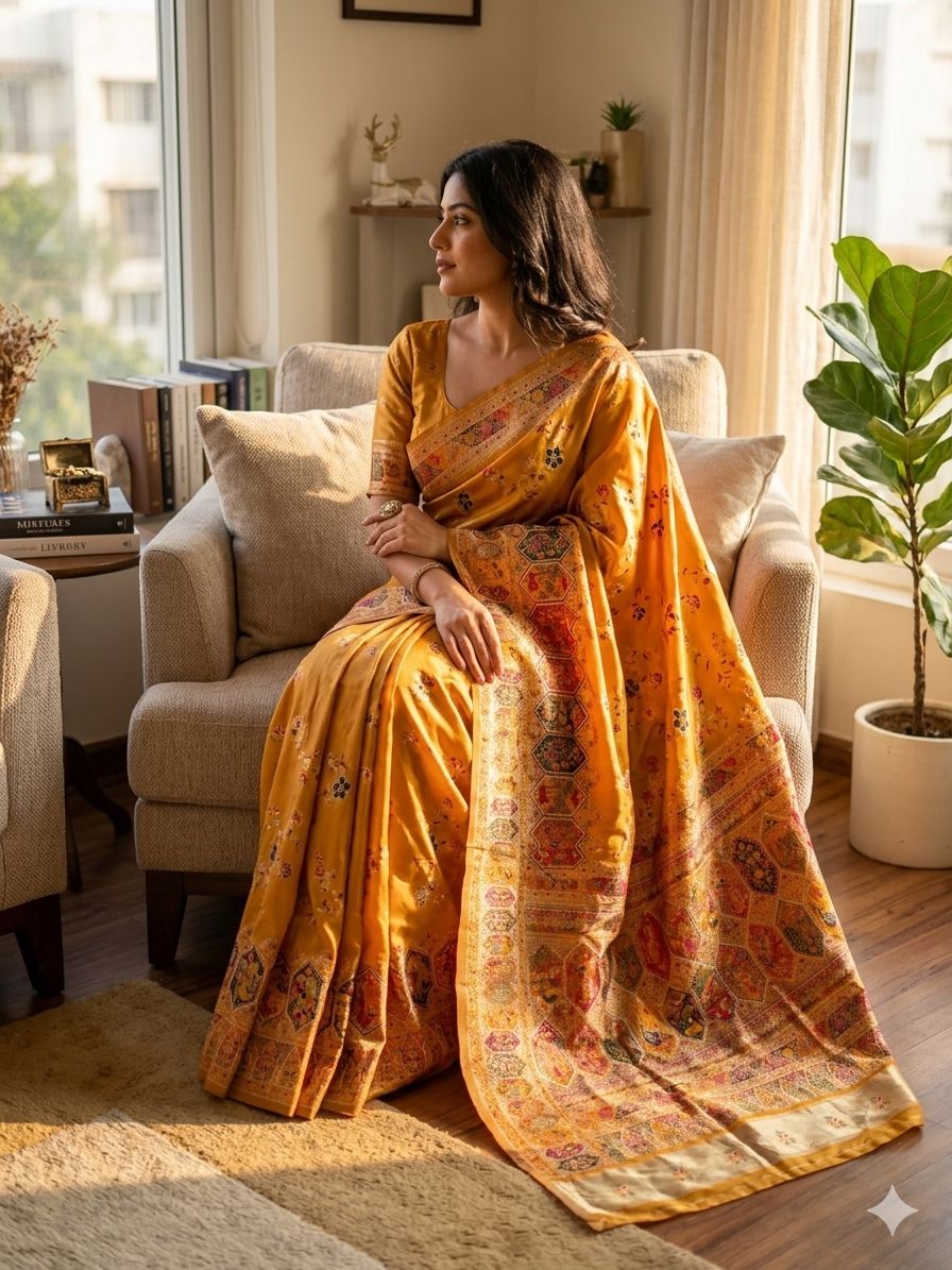 Engrossing Yellow Pashmina Silk Saree With Sonorous Blouse Piece