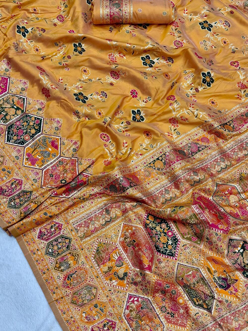 Engrossing Yellow Pashmina Silk Saree With Sonorous Blouse Piece