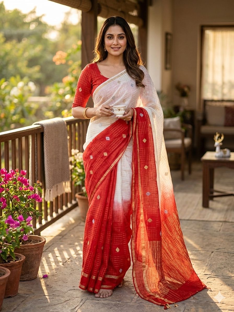 Elegant Beige and Red Pure Zari Weaving Banarasi Silk Saree With Forbearance Blouse Piece