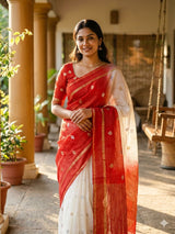 Elegant Beige and Red Pure Zari Weaving Banarasi Silk Saree With Forbearance Blouse Piece