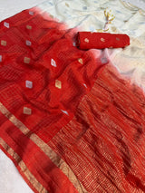 Elegant Beige and Red Pure Zari Weaving Banarasi Silk Saree With Forbearance Blouse Piece