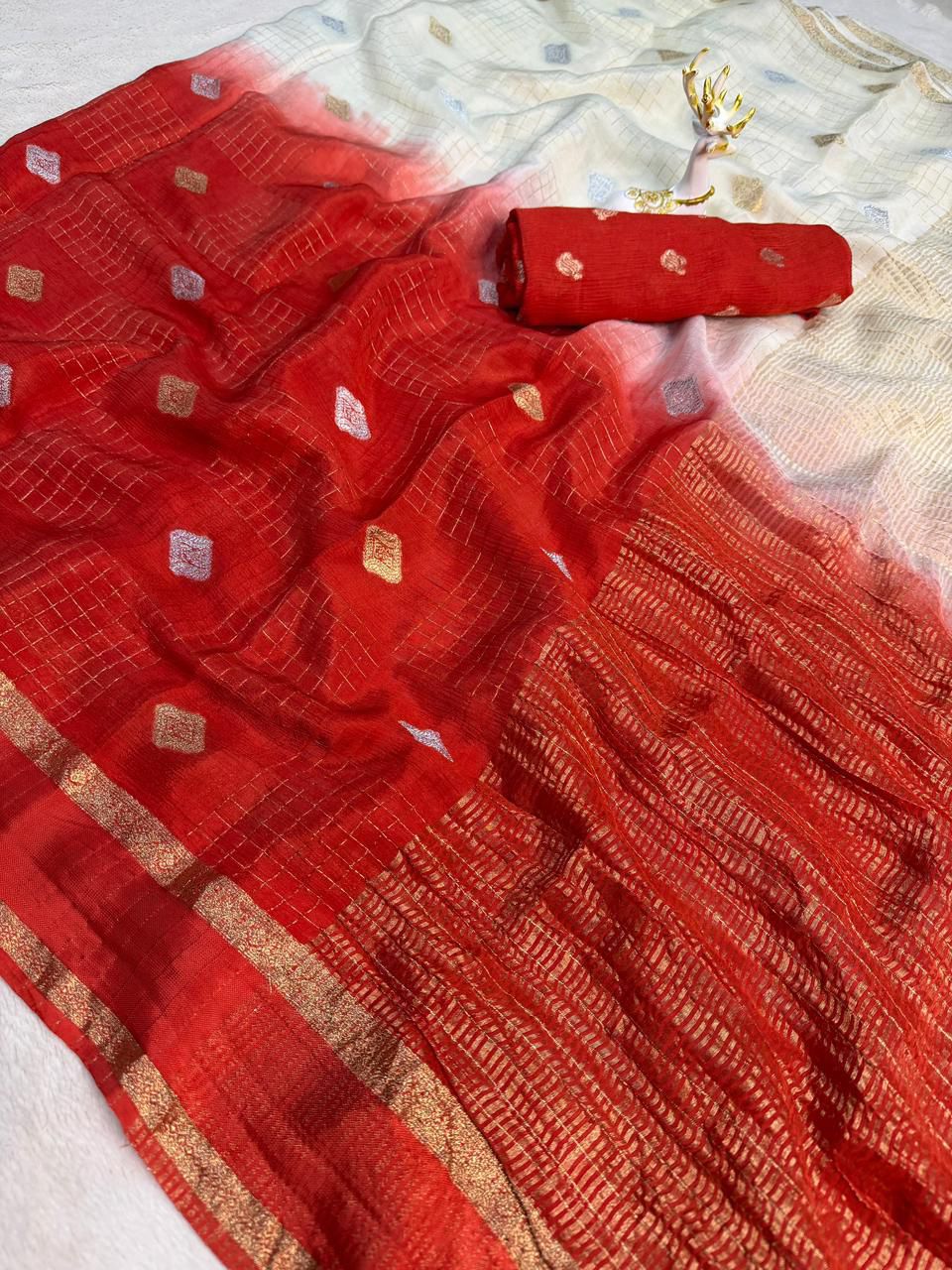 Elegant Beige and Red Pure Zari Weaving Banarasi Silk Saree With Forbearance Blouse Piece