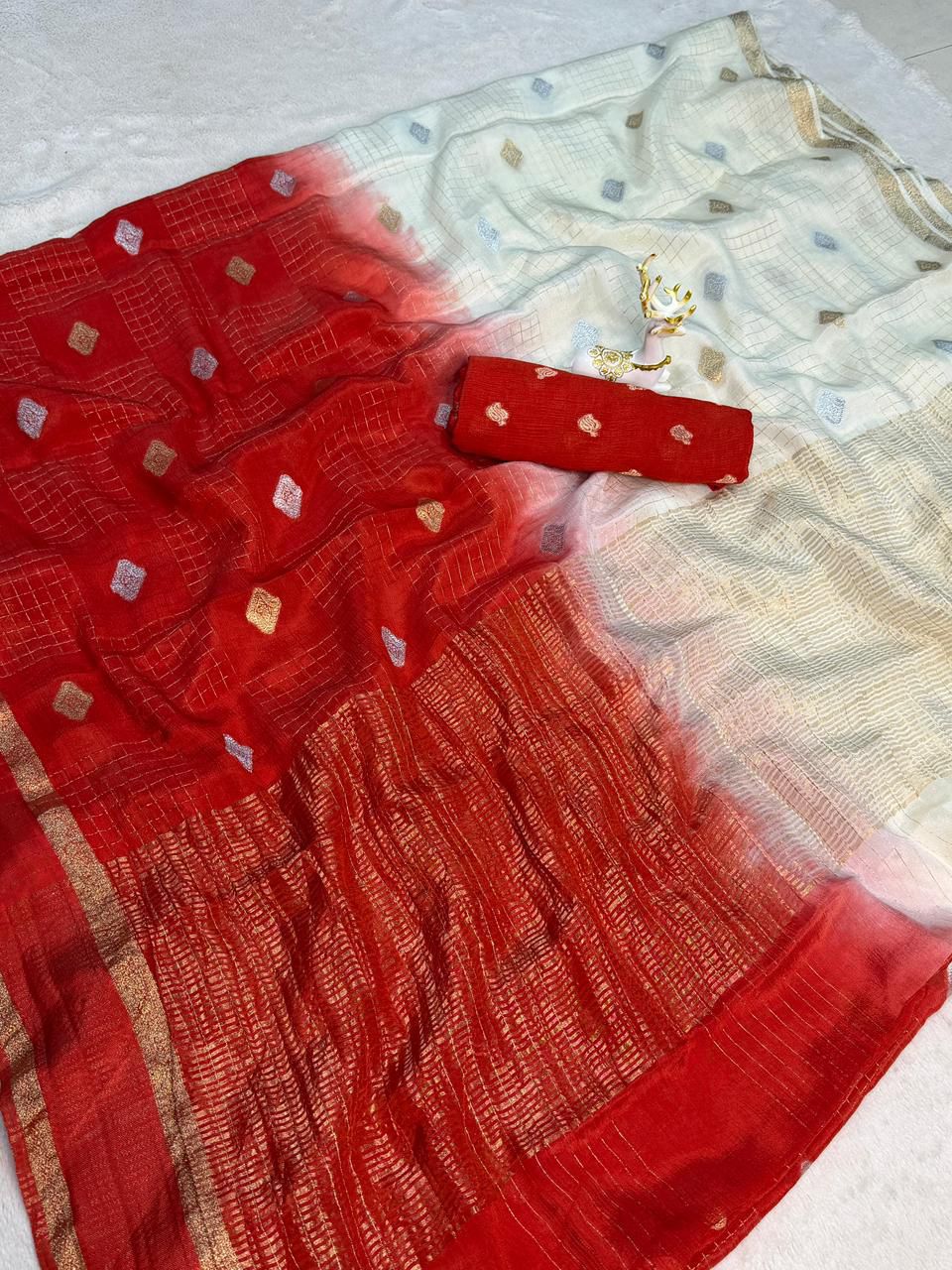 Elegant Beige and Red Pure Zari Weaving Banarasi Silk Saree With Forbearance Blouse Piece
