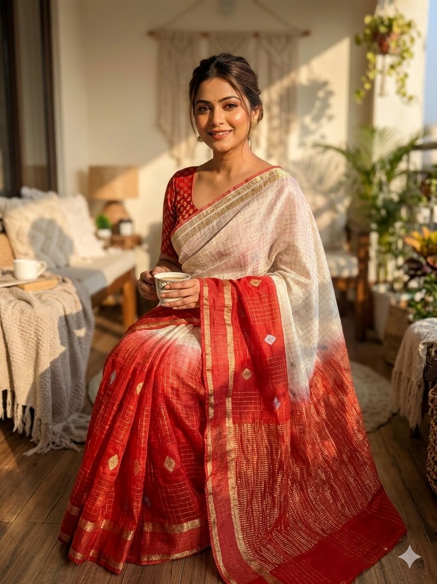 Elegant Beige and Red Pure Zari Weaving Banarasi Silk Saree With Forbearance Blouse Piece