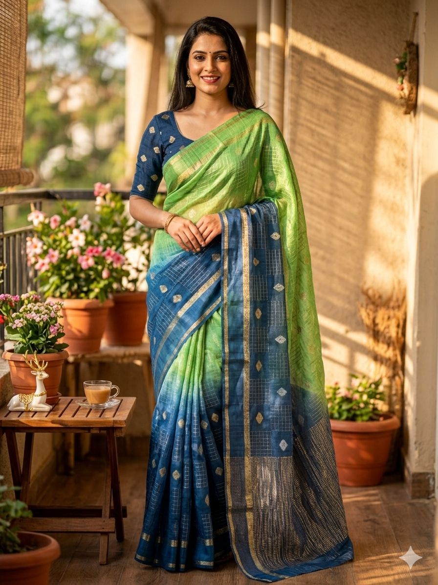 Proficient Green and Blue Pure Zari Weaving Banarasi Silk Saree With Amiable Blouse Piece
