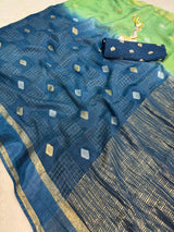 Proficient Green and Blue Pure Zari Weaving Banarasi Silk Saree With Amiable Blouse Piece