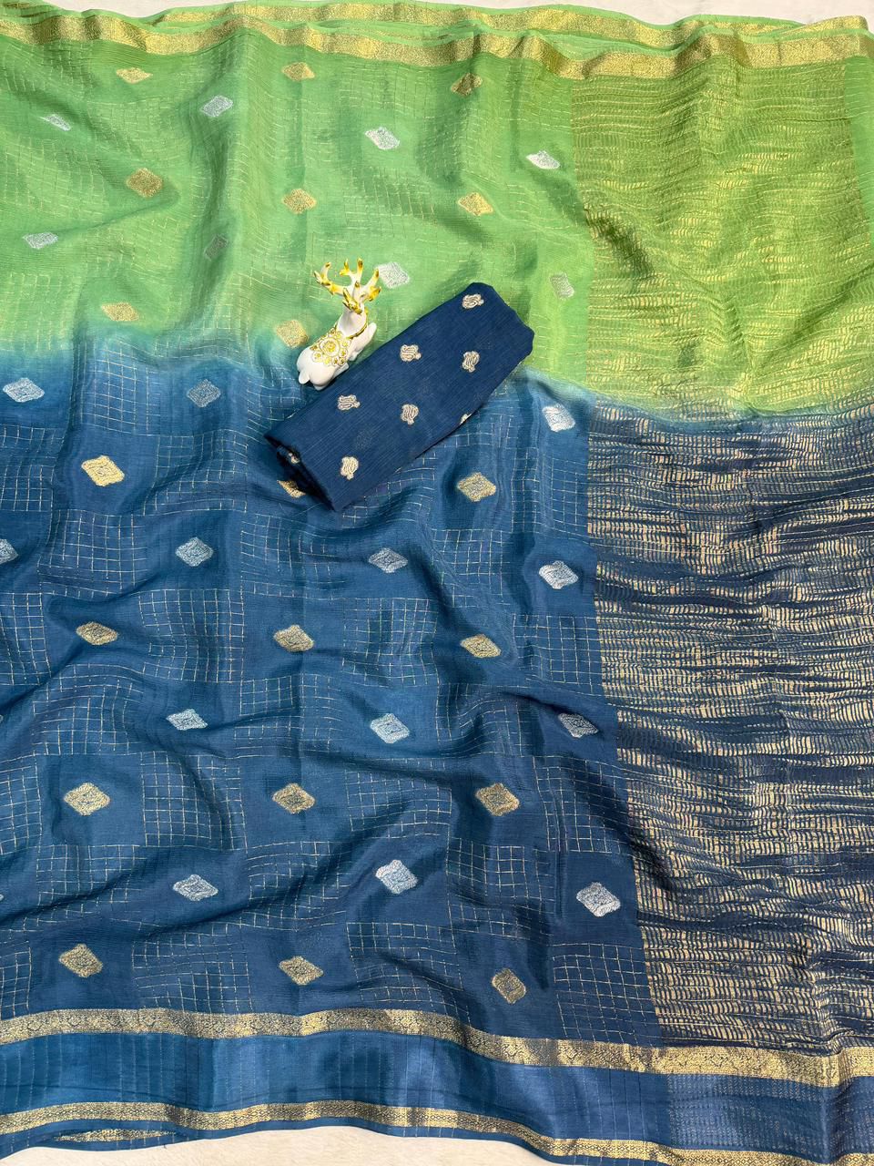 Proficient Green and Blue Pure Zari Weaving Banarasi Silk Saree With Amiable Blouse Piece