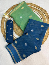 Proficient Green and Blue Pure Zari Weaving Banarasi Silk Saree With Amiable Blouse Piece
