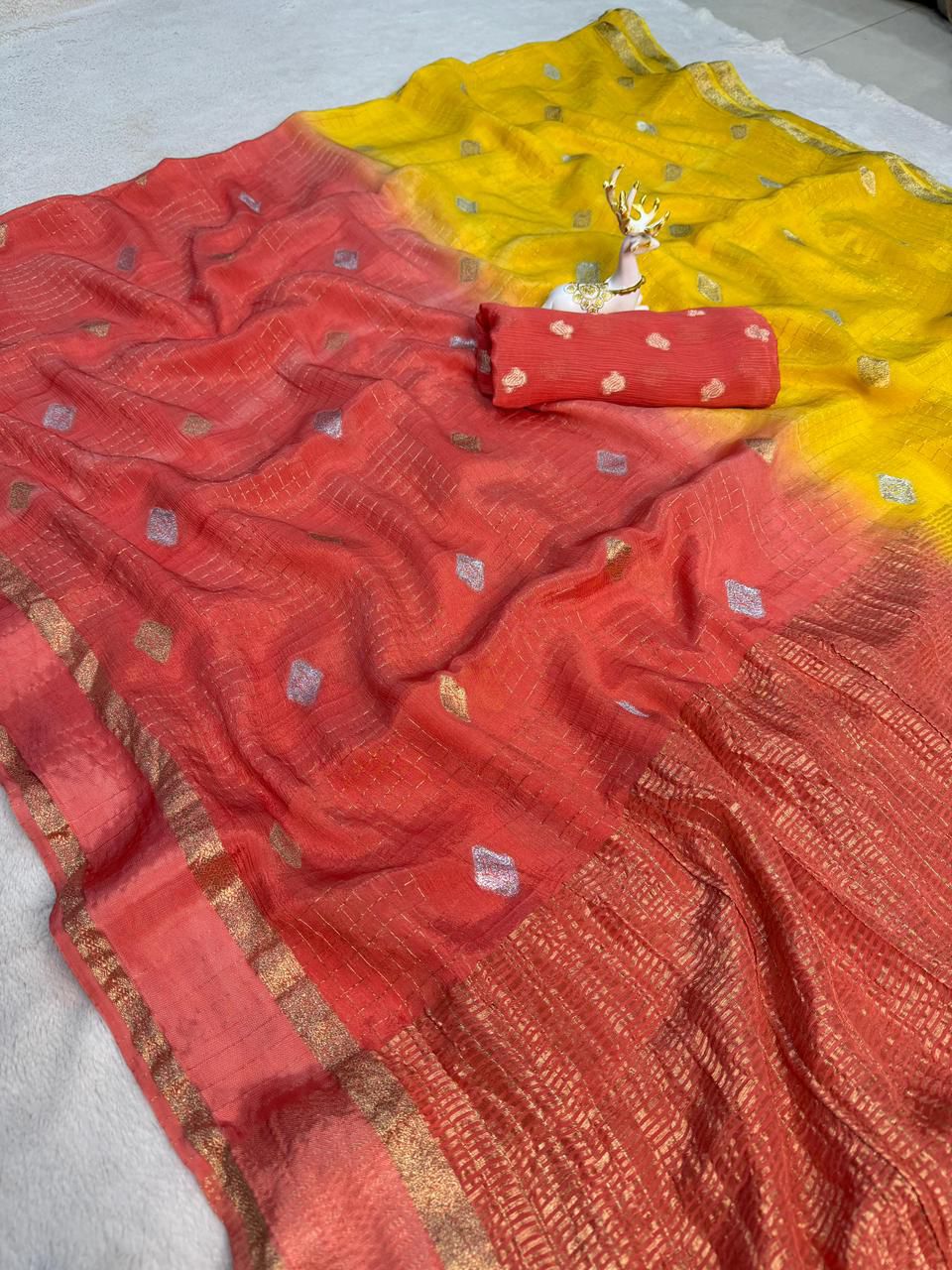 Marvellous Yellow and Pink Pure Zari Weaving Banarasi Silk Saree With Elaborate Blouse Piece