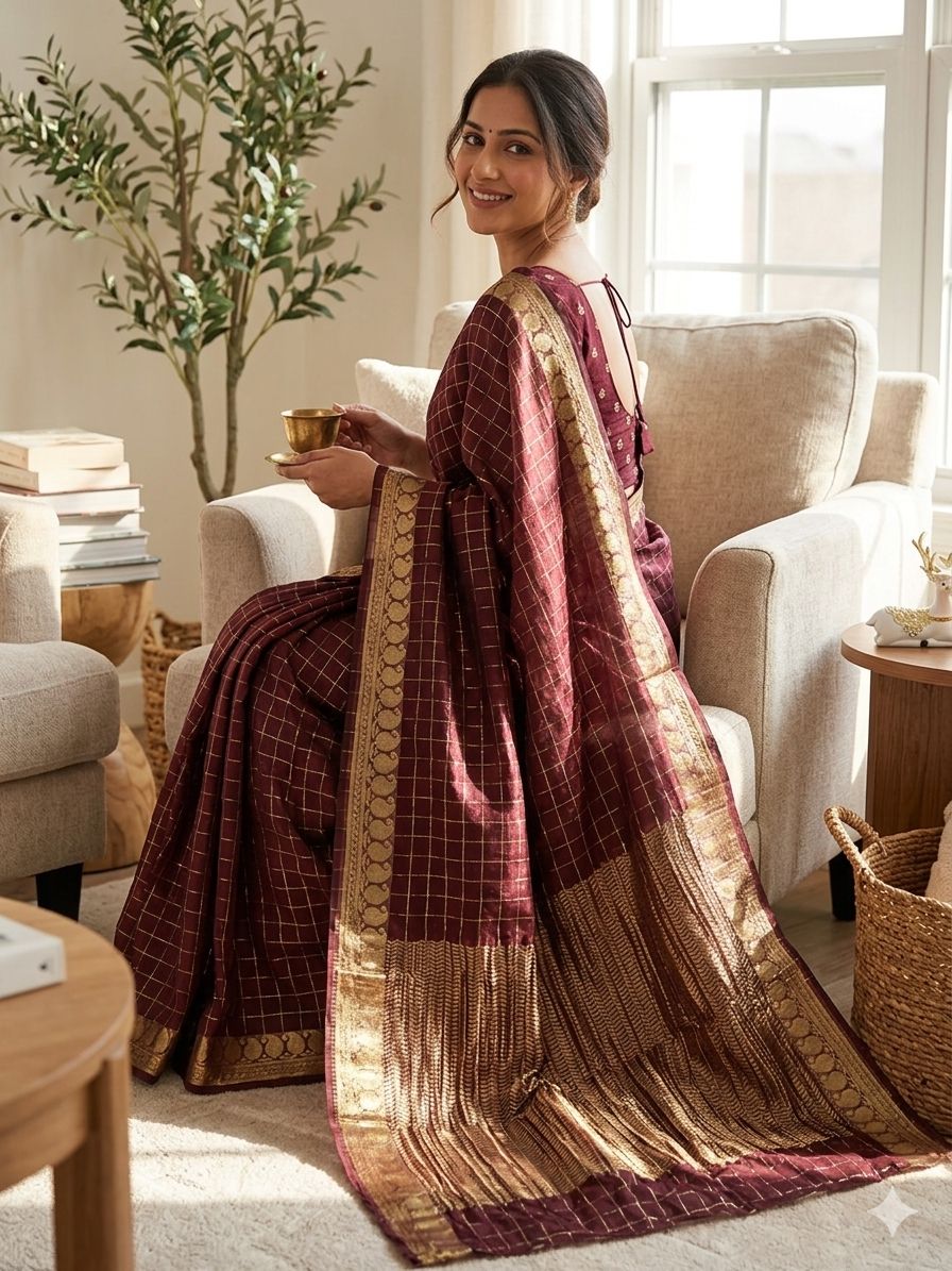 Cynosure Wine Banarasi Viscose Georgette Silk Saree With Glittering Blouse Piece