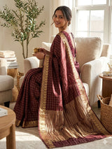 Cynosure Wine Banarasi Viscose Georgette Silk Saree With Glittering Blouse Piece