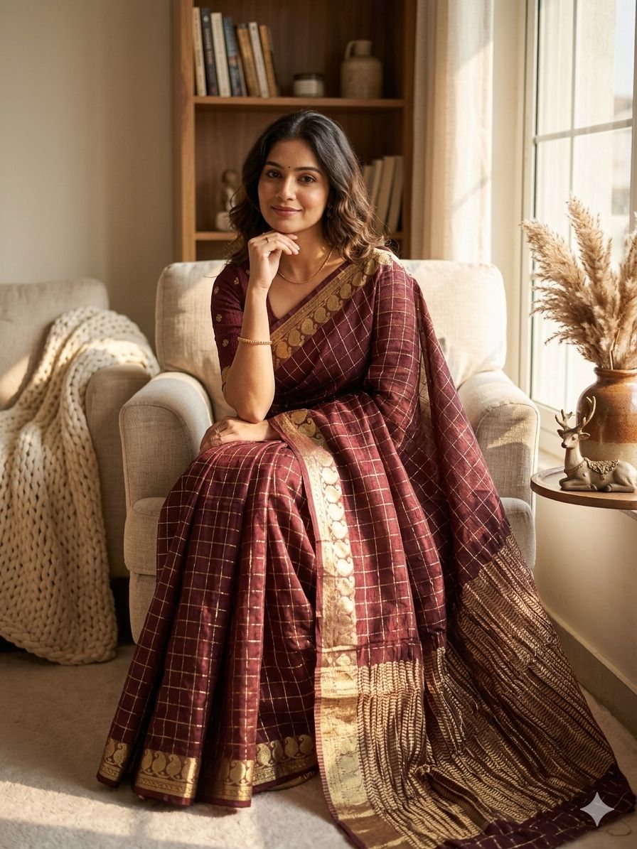 Cynosure Wine Banarasi Viscose Georgette Silk Saree With Glittering Blouse Piece