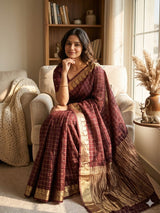 Cynosure Wine Banarasi Viscose Georgette Silk Saree With Glittering Blouse Piece