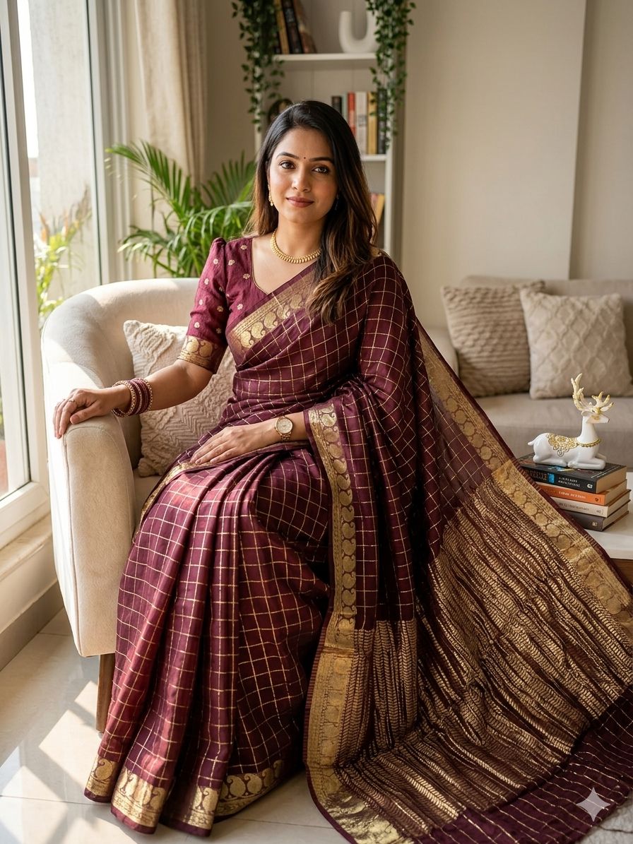 Cynosure Wine Banarasi Viscose Georgette Silk Saree With Glittering Blouse Piece