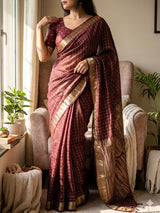 Cynosure Wine Banarasi Viscose Georgette Silk Saree With Glittering Blouse Piece