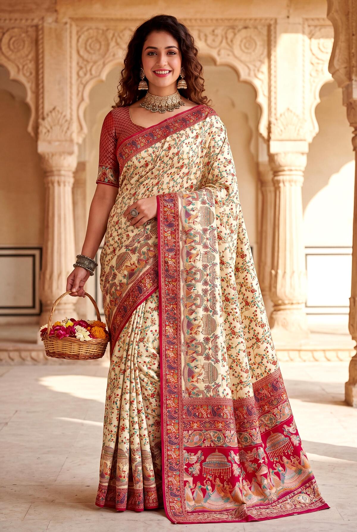 Scrumptious Beige Pashmina Silk Saree With Seraphic Blouse Piece