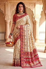 Scrumptious Beige Pashmina Silk Saree With Seraphic Blouse Piece