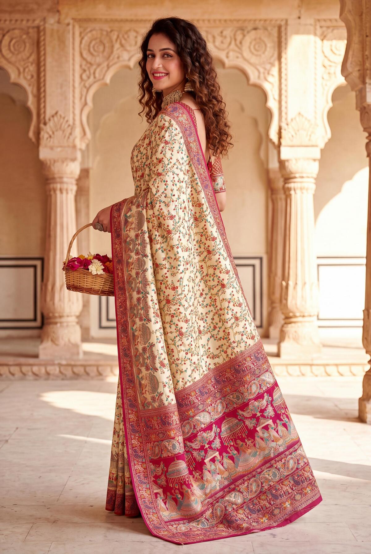 Scrumptious Beige Pashmina Silk Saree With Seraphic Blouse Piece