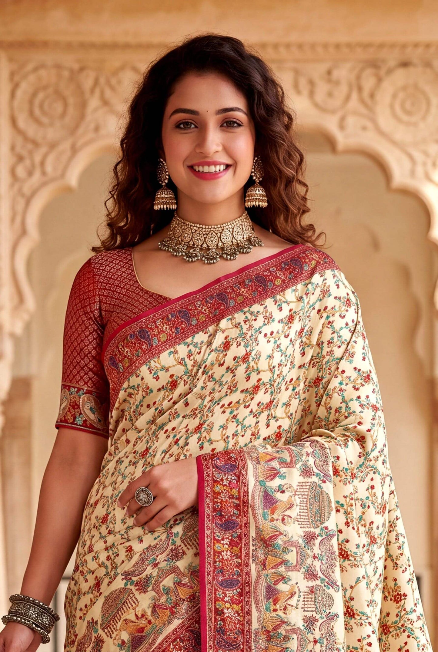 Scrumptious Beige Pashmina Silk Saree With Seraphic Blouse Piece