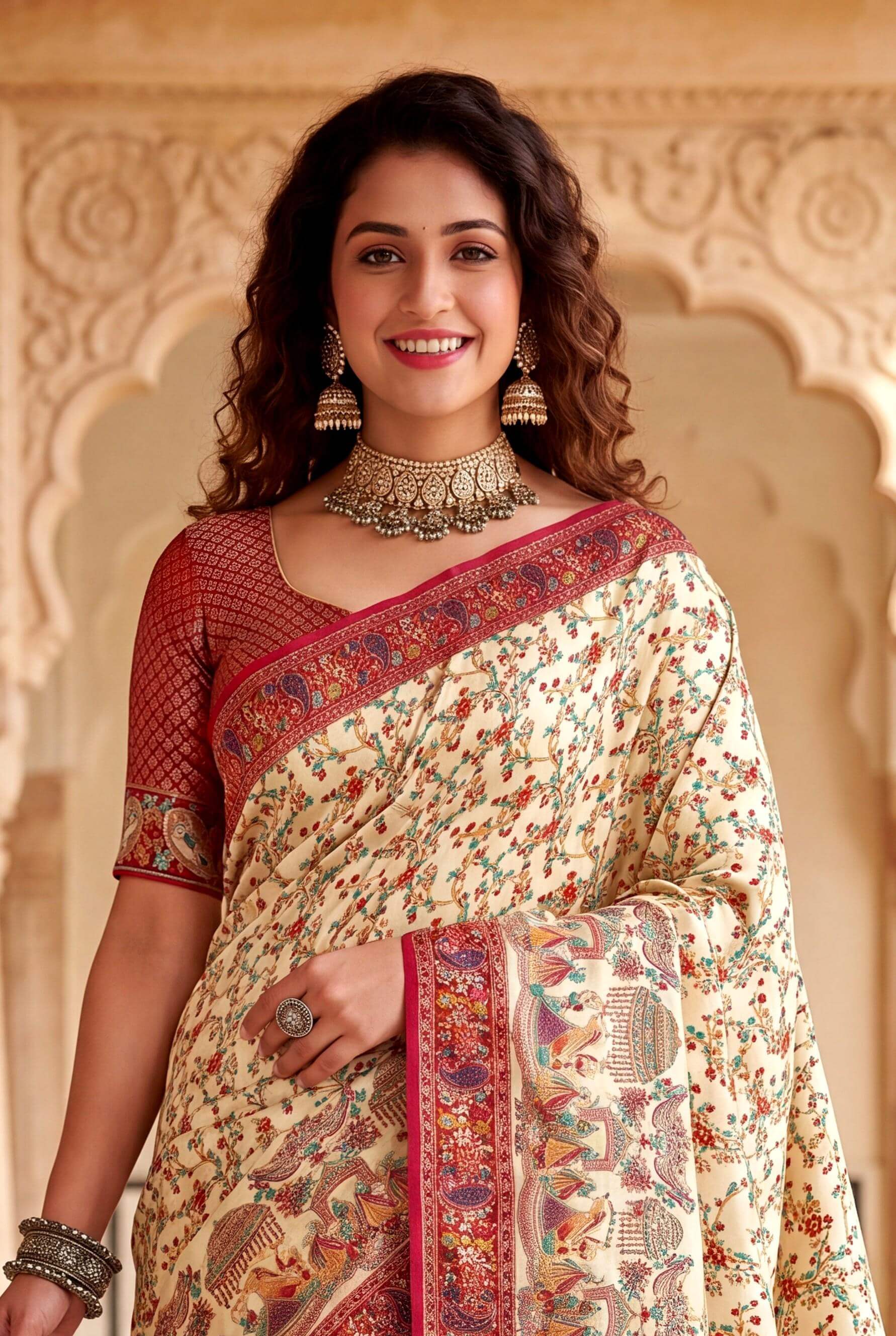 Scrumptious Beige Pashmina Silk Saree With Seraphic Blouse Piece