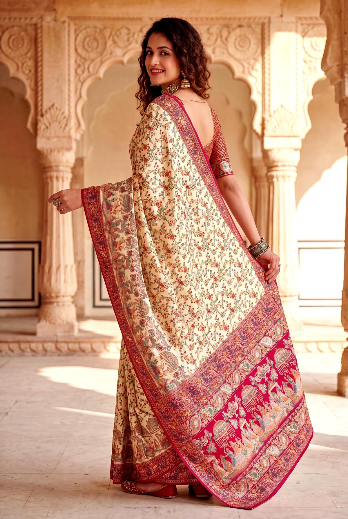 Scrumptious Beige Pashmina Silk Saree With Seraphic Blouse Piece